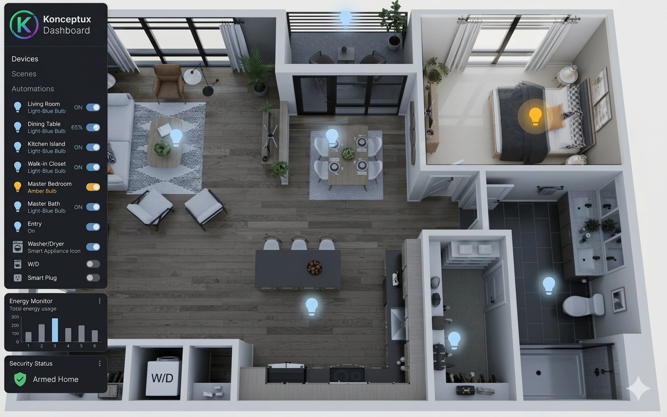 Conceptual home automation dashboard over a floor plan