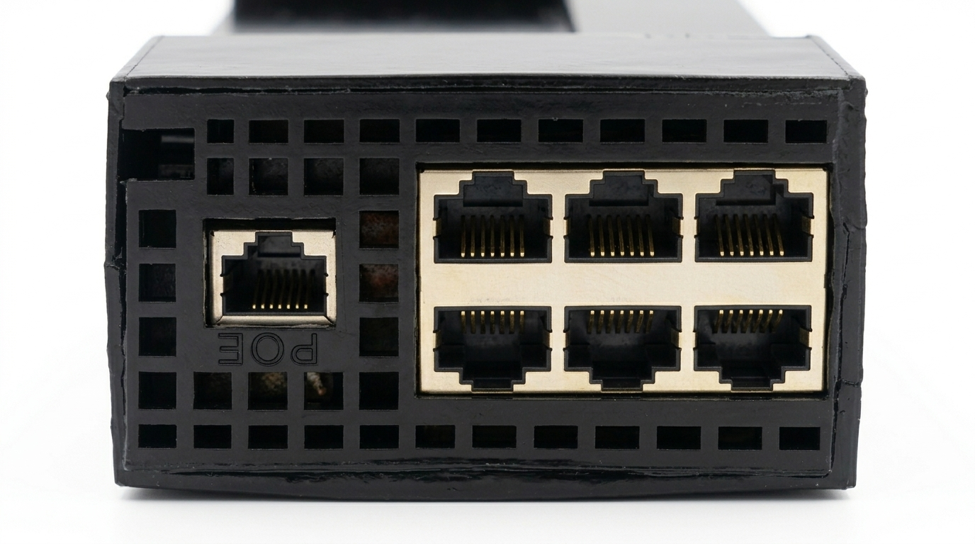Enclosure close-up showing Ethernet connectors and PoE label
