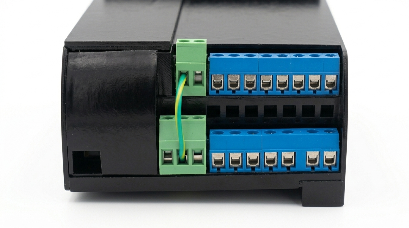 Enclosure close-up showing terminal blocks